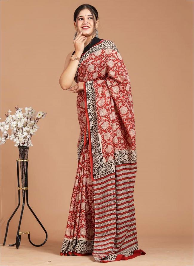 Cotton Red Daily Wear Printed Saree